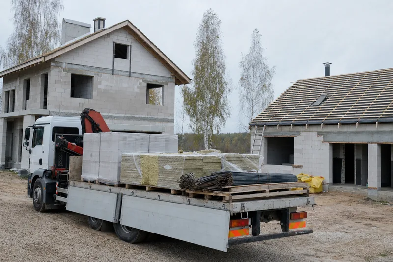 Sunkvežimis su kranu, pakrautas blokų, akmens vatos ir armatūros, tarp dviejų statomų namų.