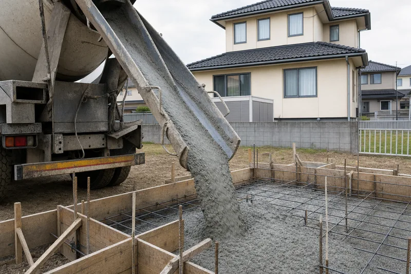 Betonvežis pila betoną į pamatų klojinius.
